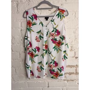 Worthington Floral Sleeveless Blouse XL White V Neck Button Front Top Party Work